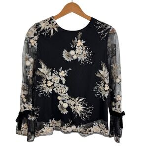 WAYF Floral Embroidered Sheer Mesh Blouse Small Velvet Bow Romantic‎ Whimsigoth